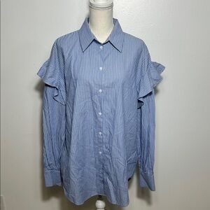 Zara Blue Striped Ruffle Sleeve Blouse